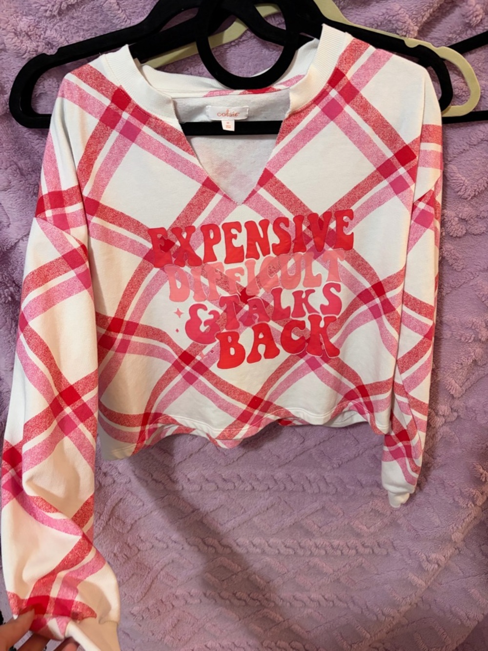 UPCYCLED Graphic Plaid Crop Sweatshirt in White & Pink